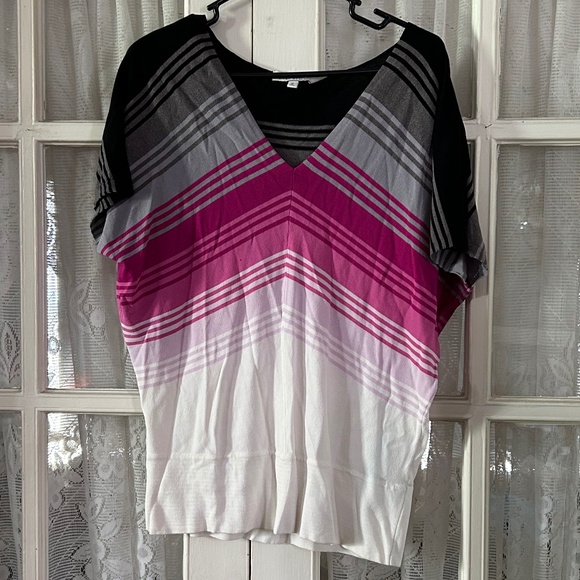 Women’s Chaus Business Professional Big & Small Striped Shirt Deep V-Neck - Picture 1 of 3